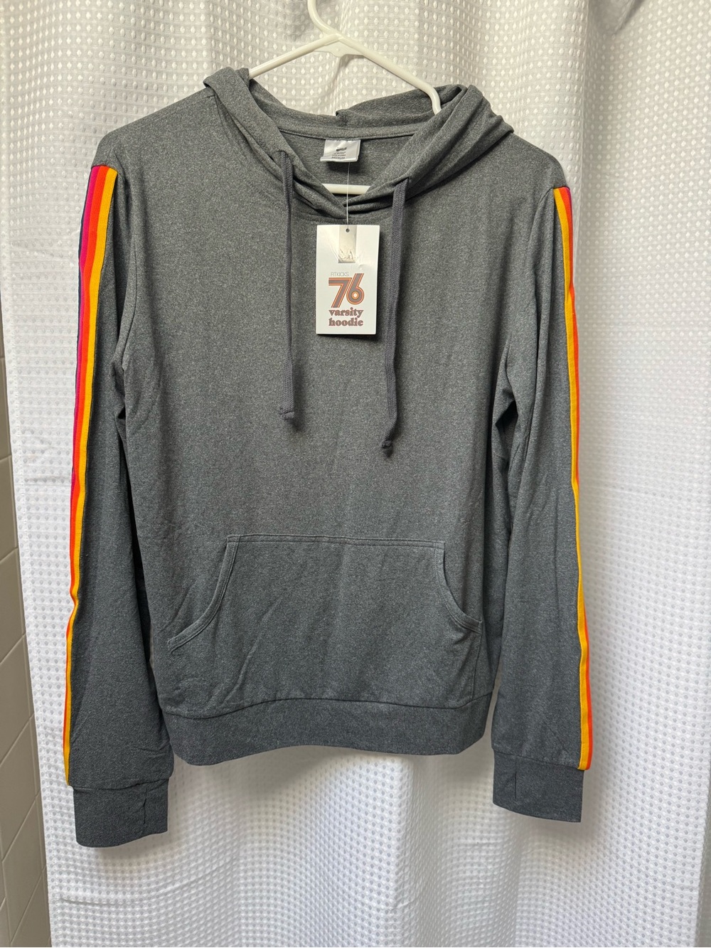 Fitkicks 76 Varsity Hoodie Gray with Rainbow Sleeve Stripes Size M